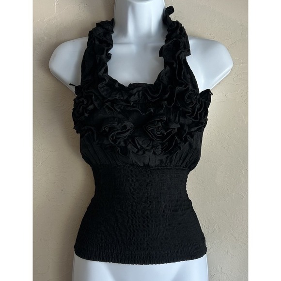 Poetry Tops - Vintage Y2K Poetry Ruffle Halter Smocked Tank Top L Black Grunge Gothic READ